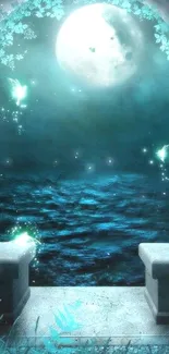 Magical moonlit ocean view with glowing fairies.