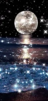 Moonlit ocean with sparkling stars reflecting on water.