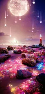 Moonlit beach with sparkling rocks and a lighthouse, under a large moon.