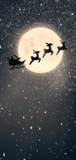 Enchanted scene of reindeer pulling a sleigh across the moonlit night sky.