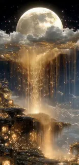 Moonlit waterfall with golden lights cascading under a glowing night sky.