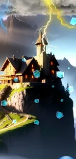 Fantasy castle on mountain with lightning and floating cubes.