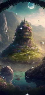 Magical fantasy landscape with a mystical tower and lush greenery under a full moon.