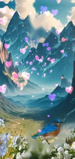 Magical mountain landscape with bluebird and hearts.