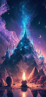 Ethereal mountain scene under starry sky with vibrant colors.