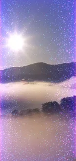 Magical sunrise over mountains with purple glitter effect.