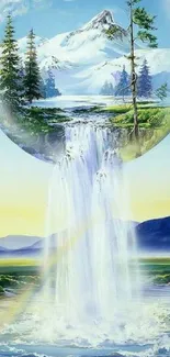 Fantasy mountain waterfall digital art with serene and vibrant colors.