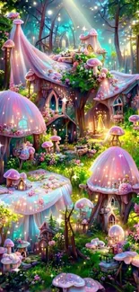 Enchanting fairy village with magical mushroom houses in a fantasy forest.