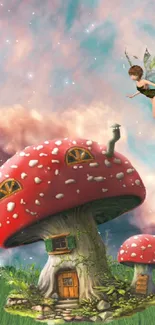 A whimsical fairy flies over a magical mushroom house under a dramatic sky.