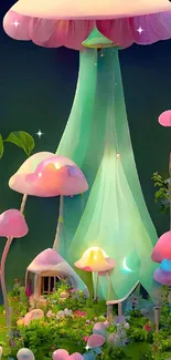 Magical scene with glowing mushrooms in a fantasy forest.