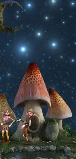 Whimsical night scene with glowing mushrooms and a crescent moon in starry sky.