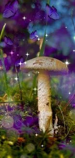 Magical mushroom with purple butterflies and lush greenery.