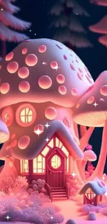 Whimsical pink mushroom house with sparkling accents in a fantasy forest.