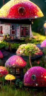 Whimsical mushroom house in magical forest wallpaper.