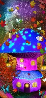 Whimsical glowing mushroom house in a vibrant fantasy forest.