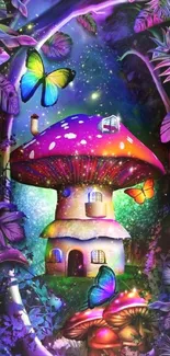 Magical mushroom house with butterflies and vibrant colors in a fantasy setting.