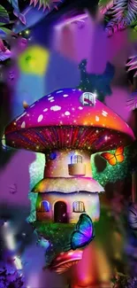 Colorful mushroom house with butterflies and magical foliage.