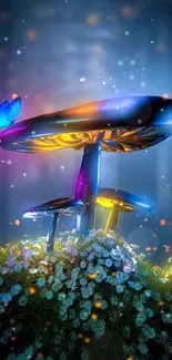 Glowing mushrooms with butterfly in a fantasy landscape.