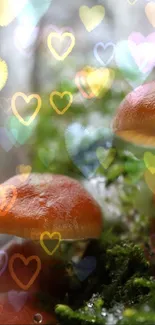 Mushrooms with colorful heart bokeh overlay in a dreamy forest setting.