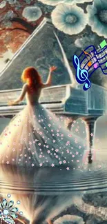 Whimsical pianist in a fantasy dreamscape setting.