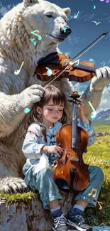 Child and polar bear playing violin in nature.