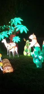 Magical lantern display with animals and plants glowing in the night.