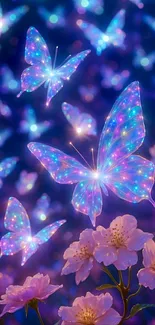 Magical neon butterflies hovering above flowers.