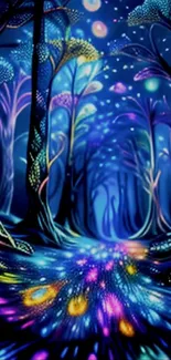 Magical neon forest with glowing trees and vibrant colors.