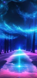 Neon forest pathway with vibrant blue and pink hues creating a mystical atmosphere.