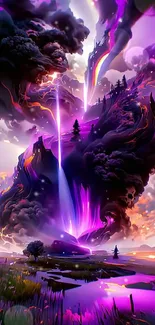 Magical neon landscape with vibrant purple hues and mystical beams of light.