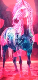 Neon blue unicorn on a mystical background.