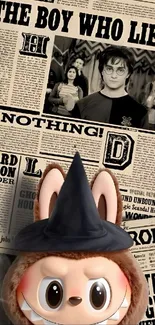 Magical newspaper wallpaper with cartoon character wearing wizard hat.