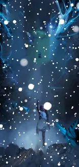 Magical scene with girl reaching towards mystical light in snowy forest.