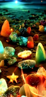 Magical night beach with glowing gems and mystical sea lights.