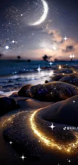 Magical glowing beach with crescent moon and stars at night.