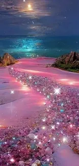 Magical pink beach scene with moonlit night sky.