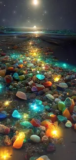 Moonlit beach with vibrant glowing stones and a mystical night sky.