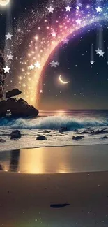 Dreamy night beach with glowing rainbow and moonlit waves.