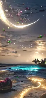 Magical night beach with moonlight and sparkling effects in vibrant colors.