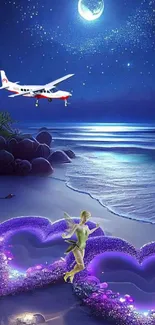 A magical night scene with a fairy, airplane, and glowing hearts by the beach.