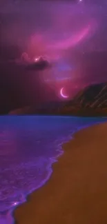 A mystical purple night beach with a crescent moon.