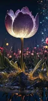 Magical night floral scene with glowing flower and starry sky reflections.