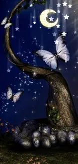 Whimsical night scene with butterflies and a glowing moon on a dark blue sky.