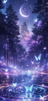 Magical night forest with glowing butterflies and a crescent moon.