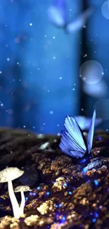 Butterflies and glowing mushrooms in a magical night forest scene.