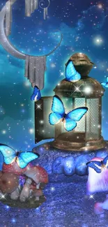 Glowing butterflies near lantern amid mushrooms and stars in a mystical night scene.