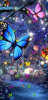 Colorful butterflies in a magical night forest.