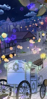 Illustrated night scene with a carriage and glowing lanterns.