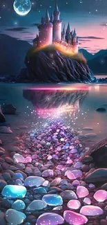 Enchanted castle reflecting on a magical starlit lake with colorful stones.