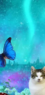 Magical scene with cat, butterfly, and forest under a vibrant night sky.